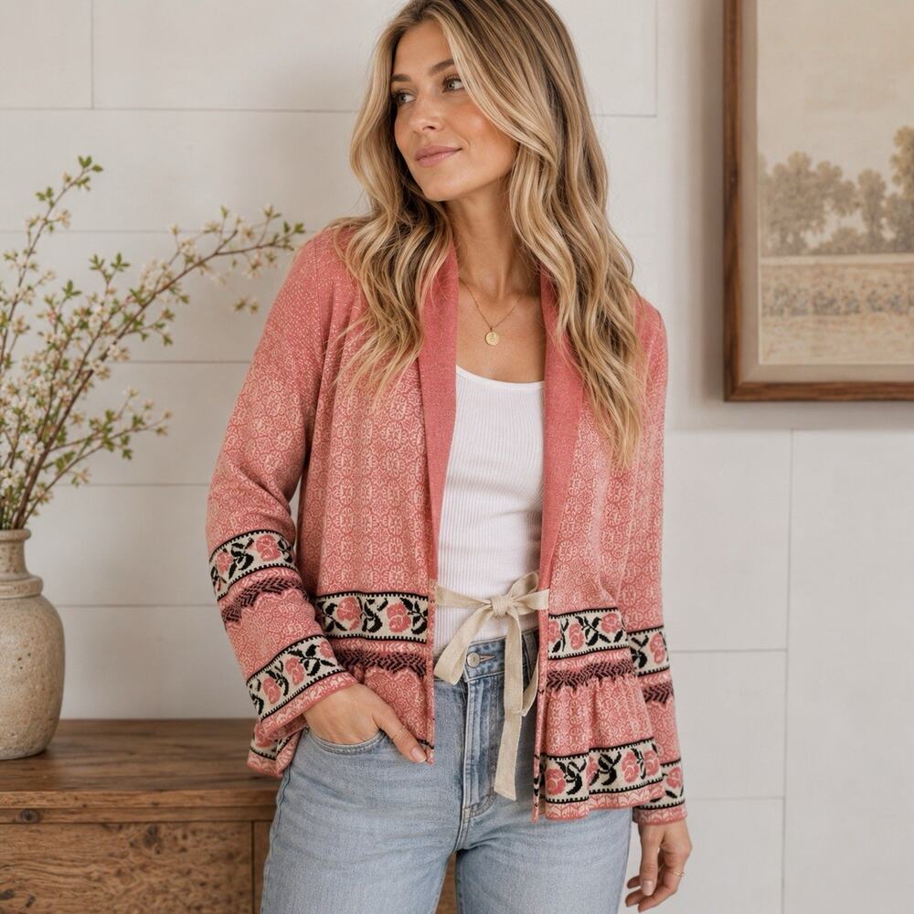 ODD MOLLY Canna Cardigan Fair Isle Peplum Ruffle Sweater 1 / Small NWT